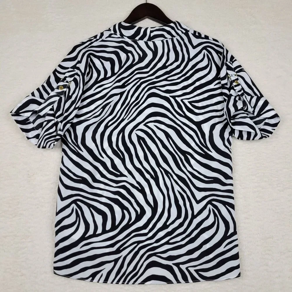 Michael Kors Shirt Womens Small Zebra Print V Neck Gold Hardware Short Sleeve‎